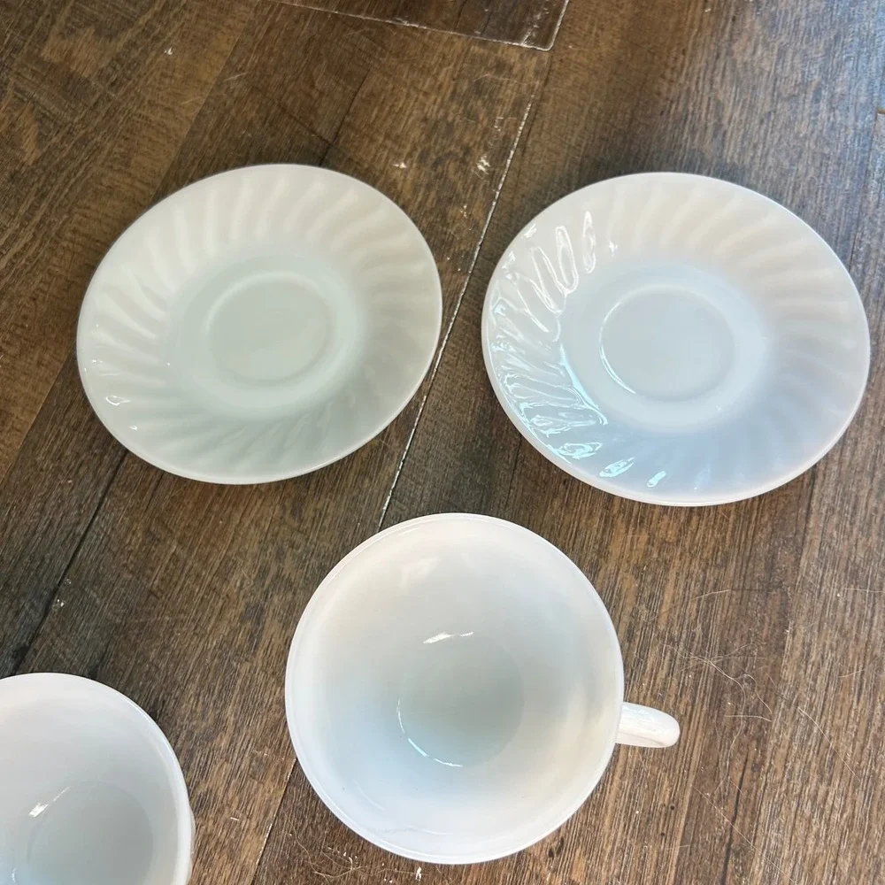 Vintage Fire-King White Swirl Milk Glass Teacup and Saucer Set of 2 MCM USA